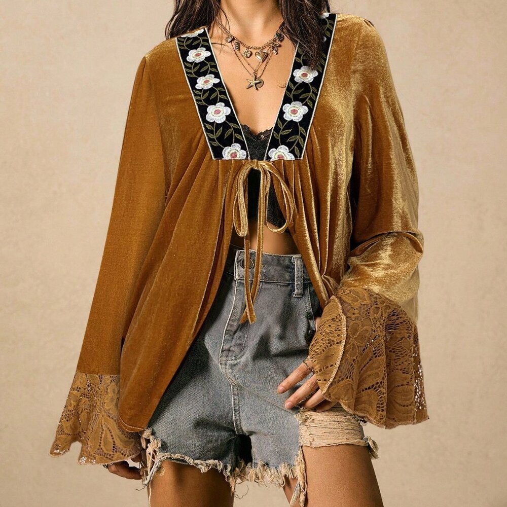 Yellow Boho Women's V-Neck Rose Lace Patchwork Jacket - Picture 4 of 7
